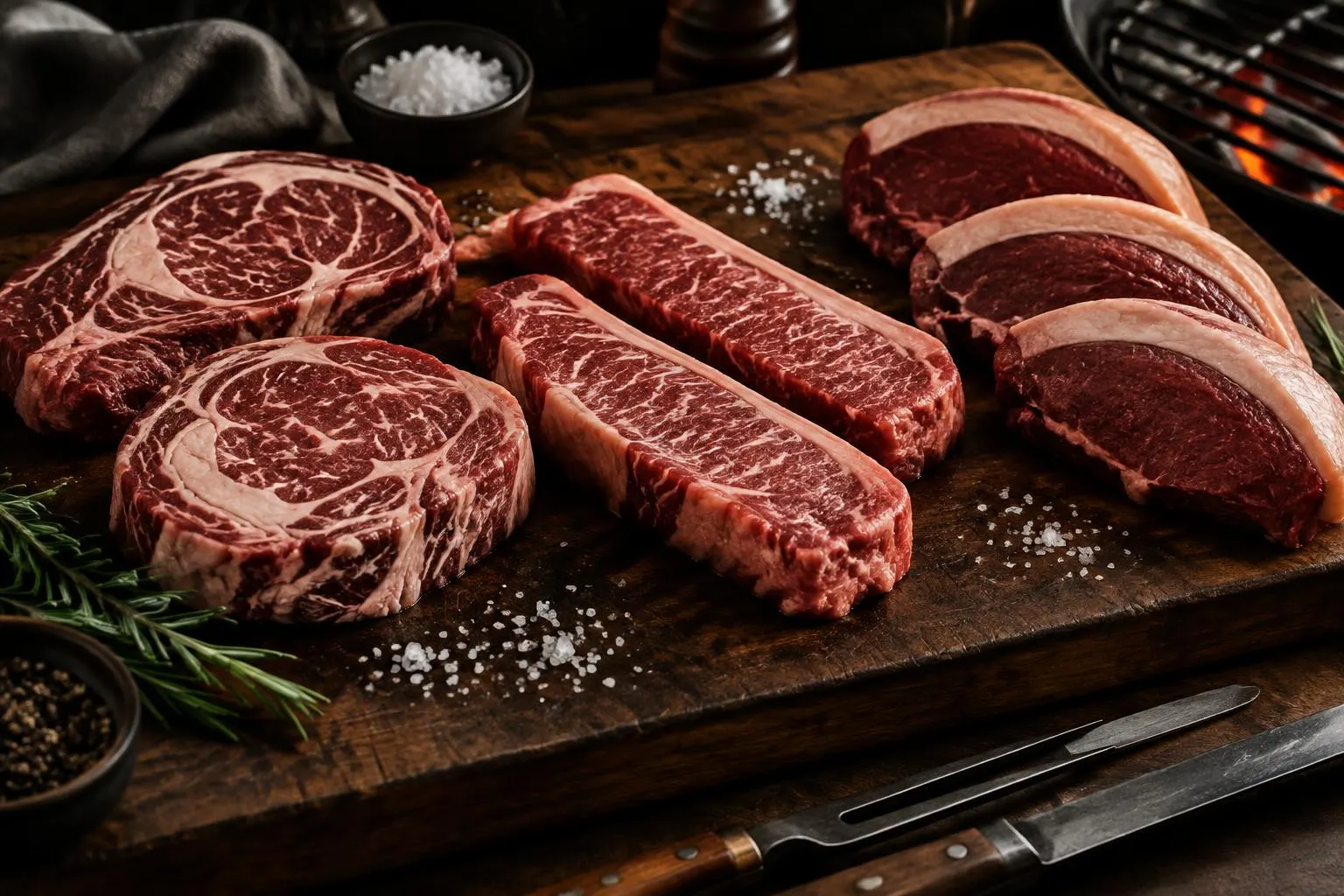 Selección de cortes de carne finos de res con marmoleo sobre una tabla de madera.